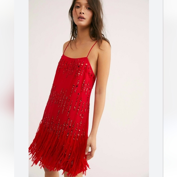 NWT- FREE PEOPLE CRYSTAL CLEAR FRINGE SPARKLE BEADED MINI DRESS RED - Picture 6 of 7